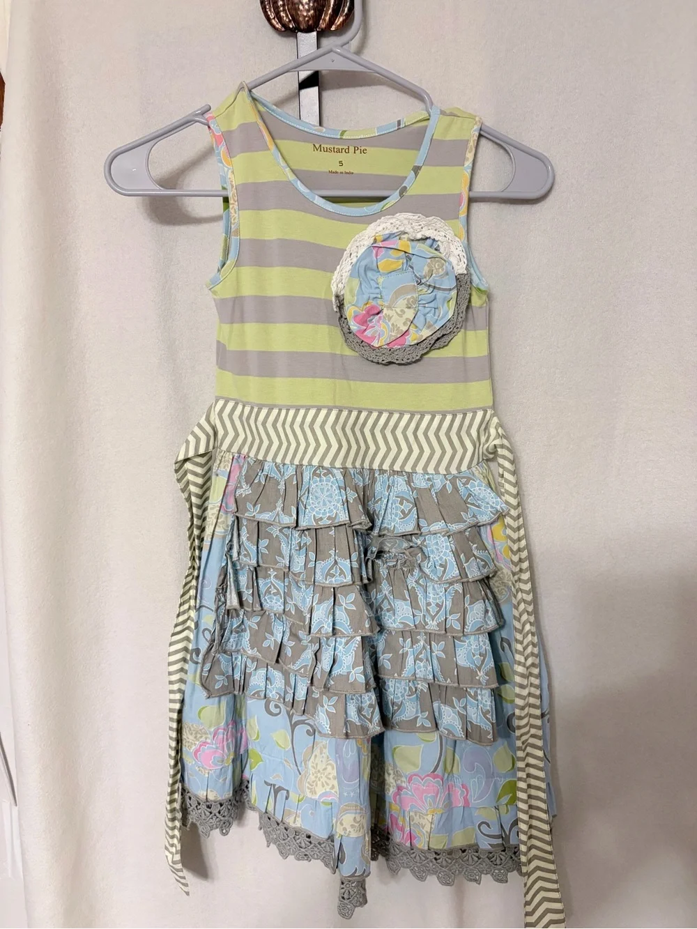 Mustard Pie Light Green and Blue Striped Ruffle Dress
